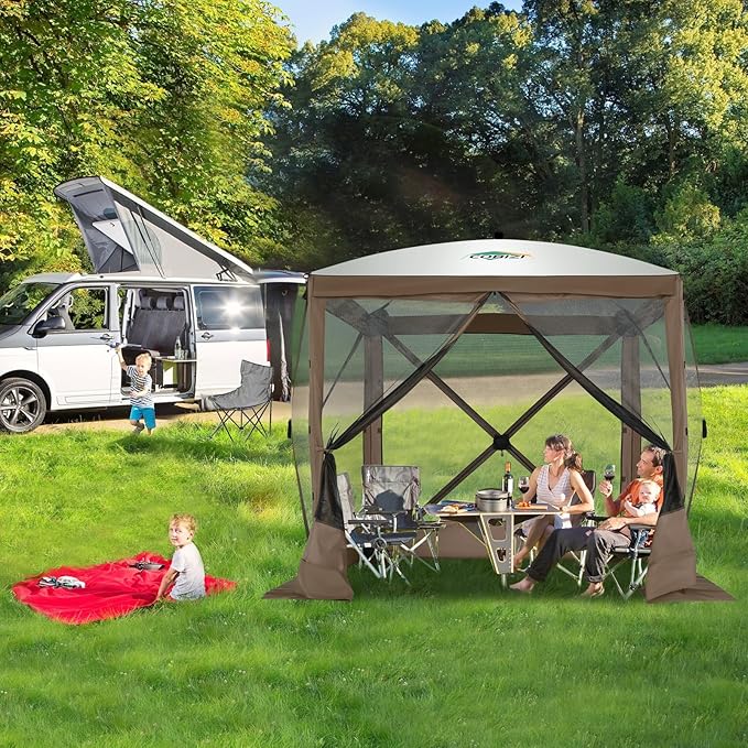 COBIZI 6x6 Pop up Gazebo Tent, Ez up Waterproof Screen Tent Screen House, Portable Outdoor Canopy Sun Shelter with Carry Bag & Ground Stakes for Camping, Garden and Picnics, Brown(Upgraded 2.0)