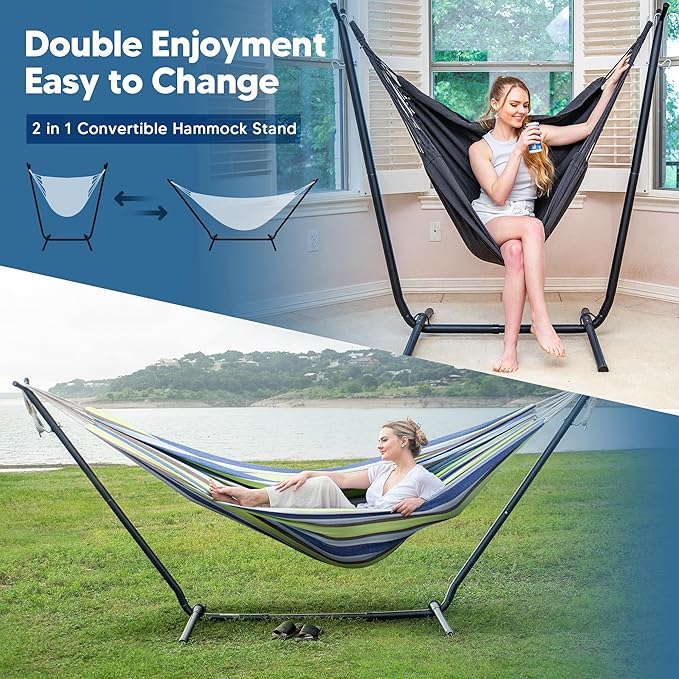 SUNCREAT 2-in-1 Convertible Backyard Fabric Hammock with Stand, Large Hammocks for Outside, Patent Pending, Light Green Stripes