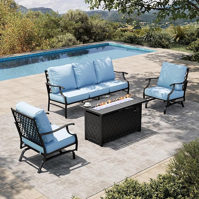 HERA'S HOUSE 4 Pieces Patio Furniture Set with Fire Pit Table, 2 x Rocking Chair, 3-Seat Sofa with 45" Fire Pit Table, Outdoor Conversation Set for Garden, Poolside, Backyard, Blue