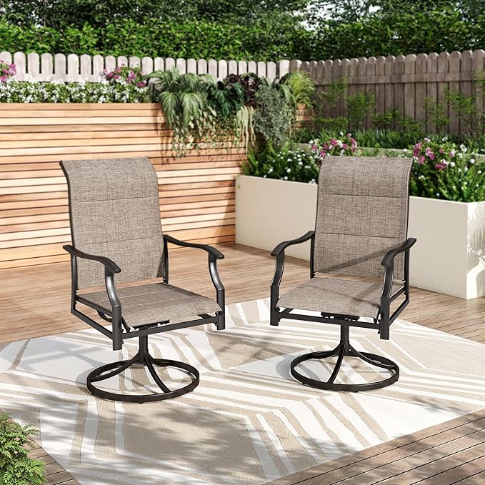 PHI VILLA Swivel Patio Dining Chair with 42" High Back, Padded Textilene Deep Seating Outdoor Chairs with Armrest & E-Coating Frame, All Weather-Resistant for Deck Lawn Garden, Set of 2