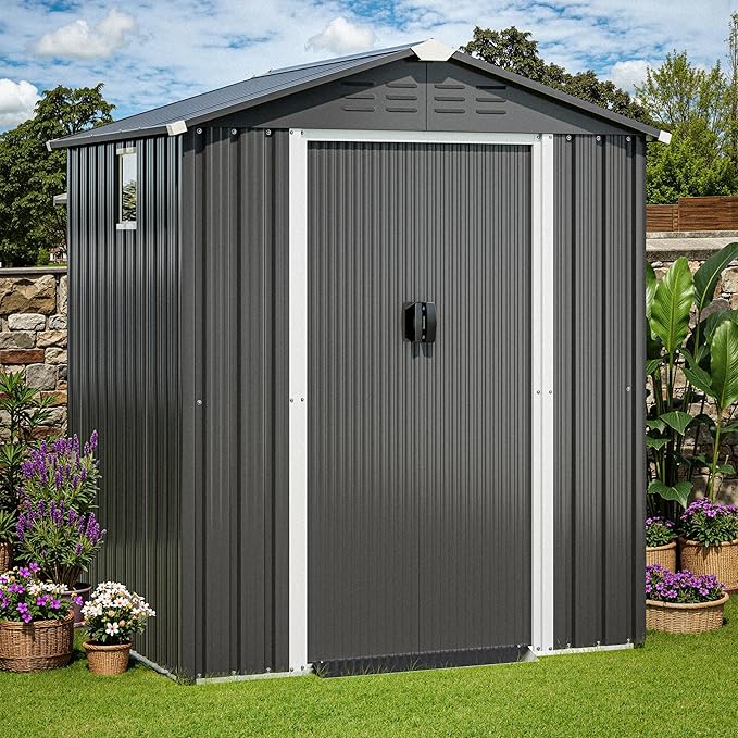 JY QAQA 6x4 FT Outdoor Garden Storage Shed, Waterproof Metal Garden Sheds with Lockable Double Door, Weather Resistant Steel Tool Storage House Shed for Patio, Lawn Gray