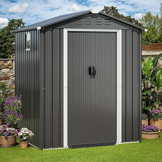 JY QAQA 6x4 FT Outdoor Garden Storage Shed, Waterproof Metal Garden Sheds with Lockable Double Door, Weather Resistant Steel Tool Storage House Shed for Patio, Lawn Gray