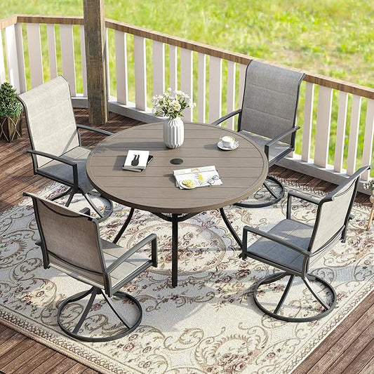 VICLLAX 5 Pieces Patio Dining Set - 41.2" Round Outdoor Table and Swivel Padded Chairs, Grey Wood Grain Tabletop and Grey Fabric