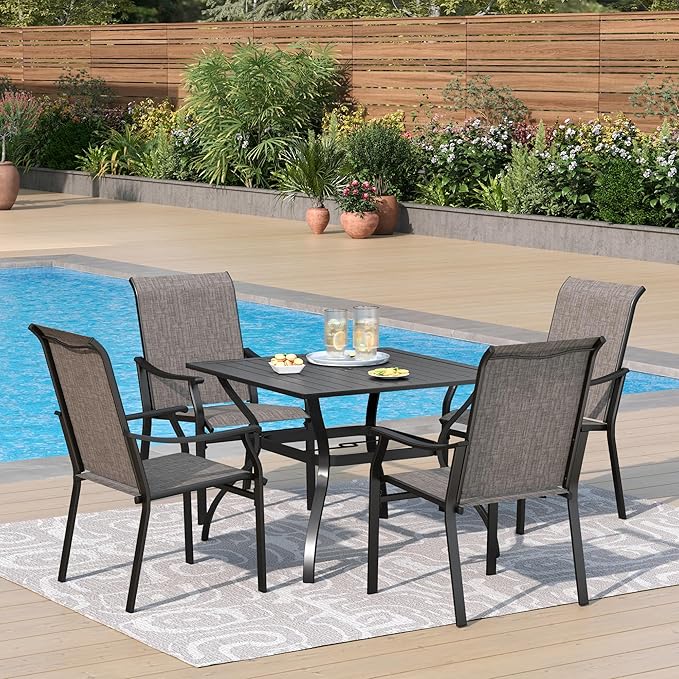 PHI VILLA 5 pcs Patio Dining Table and Chairs, 4 Outdoor Dining Chairs and Metal Square Table,with Sling Fabric and Sturdy Frame,Black Frame with E-Coating,Sling Outdoor Furniture