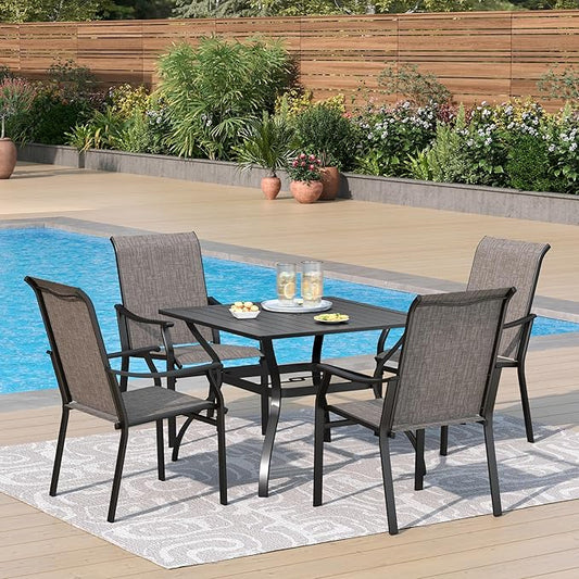 PHI VILLA 5 pcs Patio Dining Table and Chairs, 4 Outdoor Dining Chairs and Metal Square Table,with Sling Fabric and Sturdy Frame,Black Frame with E-Coating,Sling Outdoor Furniture