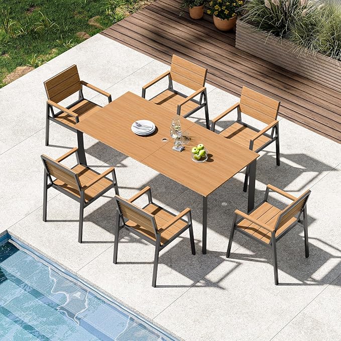 Patio Outdoor Dining Set for 6, Aluminum 7 Piece HDPE Outdoor Table and Chairs Set with Umbrella Hole, Modren Rectangular Patio Furniture Set with All-weather Table and 6 Chairs (Gray & Teak)
