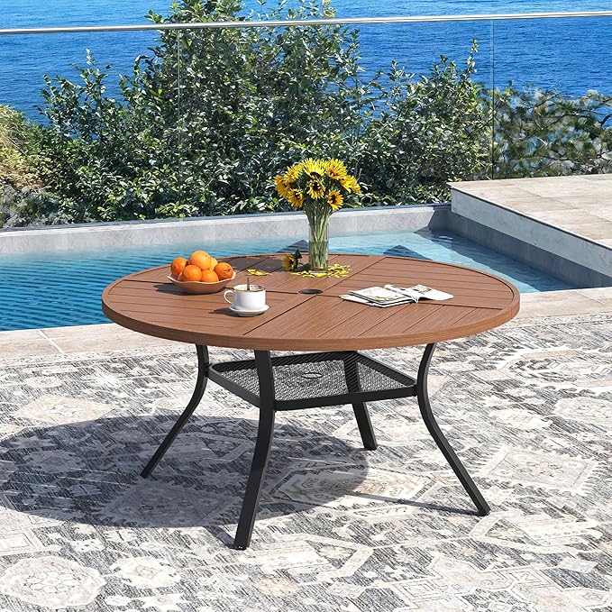 DIFY 47.2" Round Outdoor Patio Dining Table for 6, All-Weather Metal Steel Slatted Patio Table with 1.57" Adjustable Umbrella Hole, for Lawn Garden Porch Backyard, Walnut