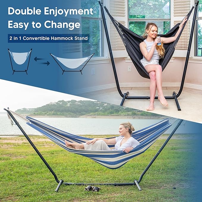 SUNCREAT 2-in-1 Convertible Free Standing Hammock with Stand Included, Camping Backyard Hammock with Stand, Patent Pending, Blue & White Stripe