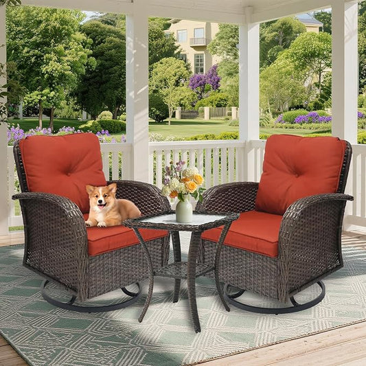 3 Pieces Patio Furniture Set, Outdoor Swivel Rocking Chair Set of 2 with Side Table - 360° Swivel, Thick Cushions, All-Weather Bistro Set for Deck, Porch, Pool(Red, Brown Full-Weave Rattan)