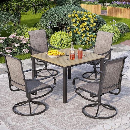 PHI VILLA 5 PCS Patio Dining Set, 4 Padded Swivel Dining Chairs & Square Brown Metal Slat Table Top with 1.57" Umbrella Hole, Outdoor Table and Chairs for All Weather