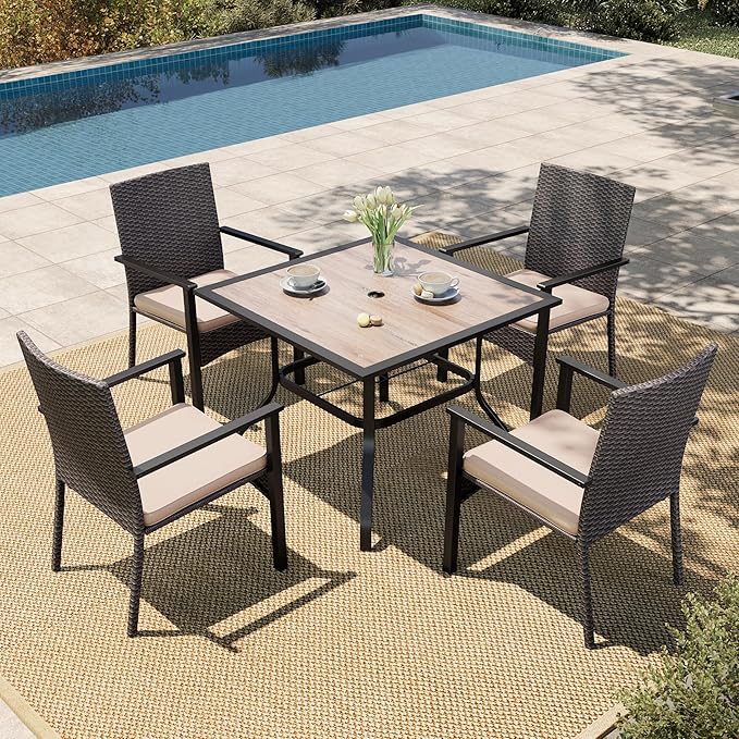 HERA'S HOUSE 5 Pieces Patio Dining Set, Outdoor Dining Set with 4 Wicker Patio Chair with Removed Cushion, 37" Wood Like Dining Table with 1.57" Umbrella Hole, for Lawn Garden Backyard Deck
