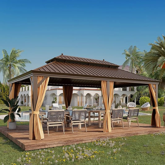 12' X 20' Hardtop Gazebo, Outdoor Galvanized Steel Double Roof Permanent Aluminum Frame Pavilion Pergola Canopy with Privacy Curtains for Garden, Patio, Backyard, Deck and Lawns.