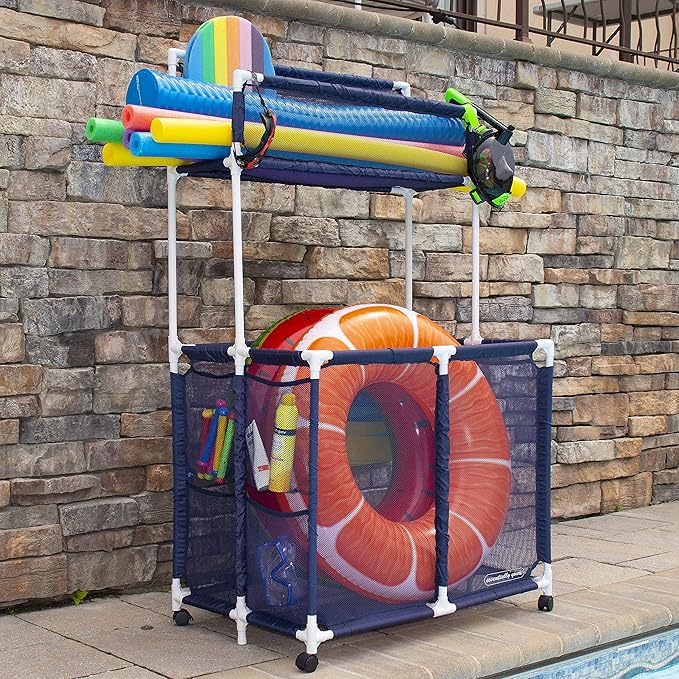 Essentially Yours Pool Storage Equipment Organizer Holder - Noodles, Toys, Balls, Floats Mesh Rolling Double Decker Bin, Large with Noodle Holder, (35.3" W x 23" L x 59.4" H), Blue/White Style 561935