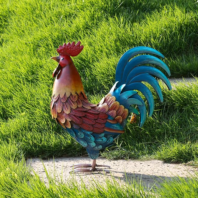 Kircust Metal Rooster Yard Art Statue, Chicken Garden Animals Sculpture Lawn Ornament Figurines Artwork for Outdoor, Patio, Backyard and Home Kitchen Decoration