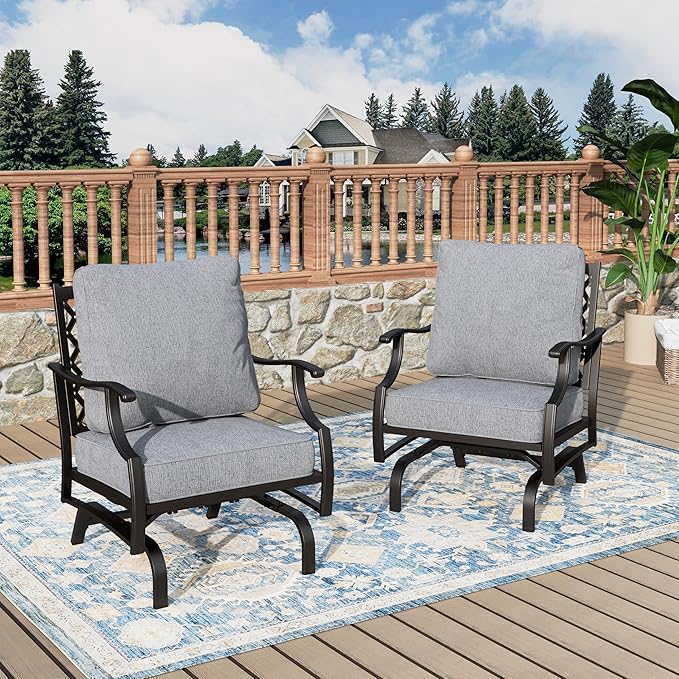 Patio Chairs Set of 2, High Back Outdoor Patio Metal Chairs with 5.75" Thick Cushions for Bistro Balcony Porch Deck and Yard, Grey