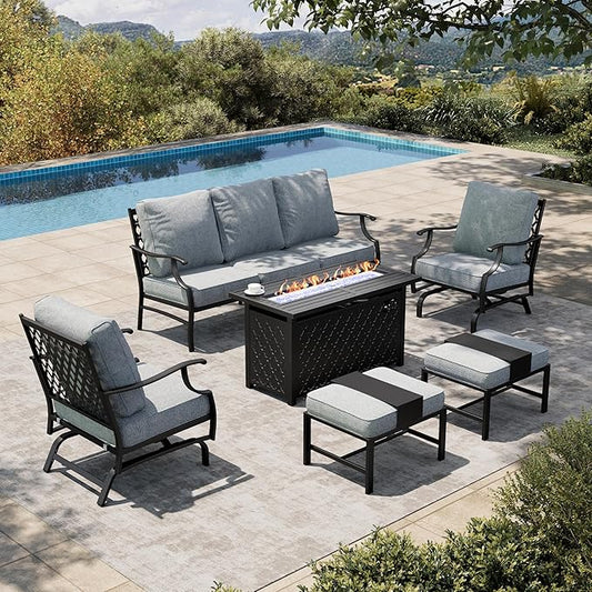 HERA'S HOUSE 6 Pieces Patio Furniture Set with Fire Pit Table, 2 x Rocking Chair, 2 x Ottoman, 3-Seat Sofa with 45" Fire Pit Table, Outdoor Conversation Set for Garden Poolside Backyard, Grey