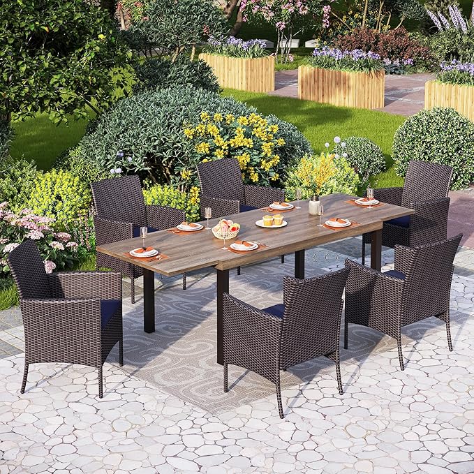 PHI VILLA 7 Piece Outdoor Dining Set for 6, Expandable Wood-Like Metal Dining Table & Wicker Chairs with Cushions, Large Dining Furniture for Patio, Deck, Backyard, Porch