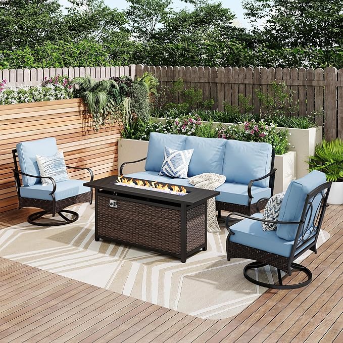 Patio Furniture Set with 56" Fire Pit Table, Premium Outdoor Wicker Metal Frame Furniture with Upgraded Waterproof Thick Cushions for Porch, Poolside, Deck, and Yard （4 Pieces,Blue）