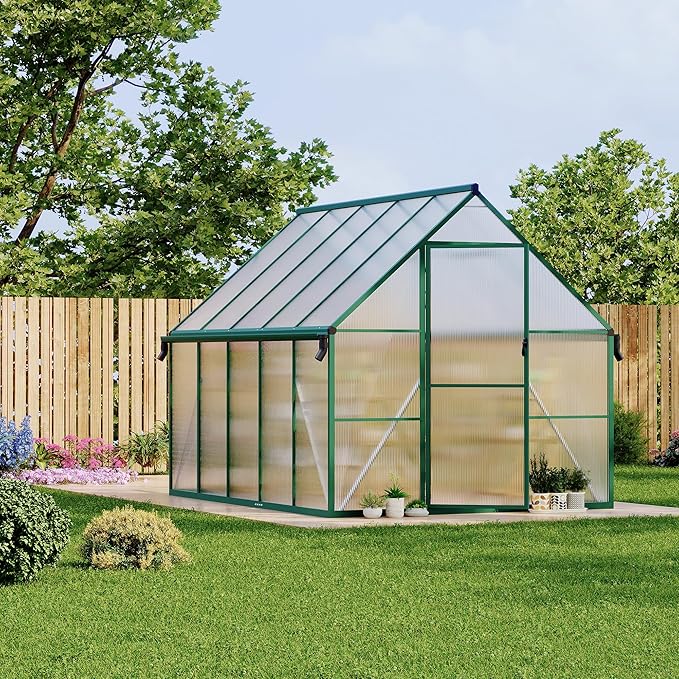 8X10 ft Polycarbonate Greenhouse with Aluminum Frame, Polycarbonate Greenhouse for Outdoors, Greenhouses with Ventilation and Rain Gutter, Aluminum Large Walk-in Greenhouses for Outside