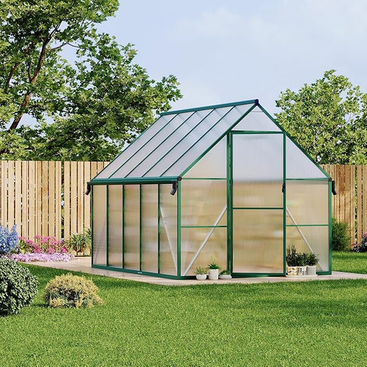 8X10 ft Polycarbonate Greenhouse with Aluminum Frame, Polycarbonate Greenhouse for Outdoors, Greenhouses with Ventilation and Rain Gutter, Aluminum Large Walk-in Greenhouses for Outside