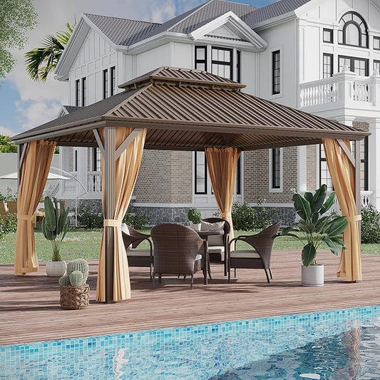 10x14 ft Hardtop Gazebo Outdoor Aluminum Patio Gazebo Double Roof Galvanized Steel Canopy with Netting and Curtains for Garden, Backyard, Deck and Lawns.