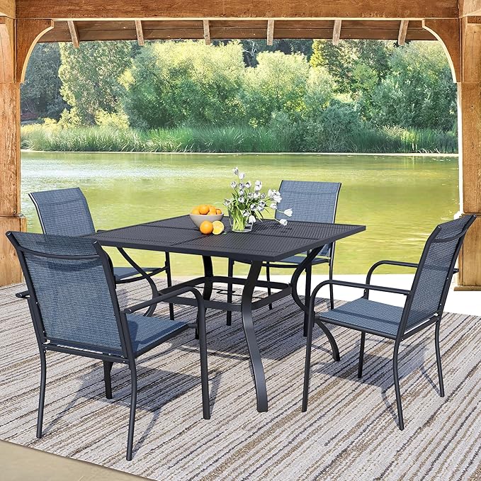 5 Pieces Sqaure Dining Table Set for 4, Patio Dining Set Includes 4 Blue Stackable Patio Chairs and 1 Black Mesh Square Table, Patio Furniture Sets with Sling Support for Outside, Garden