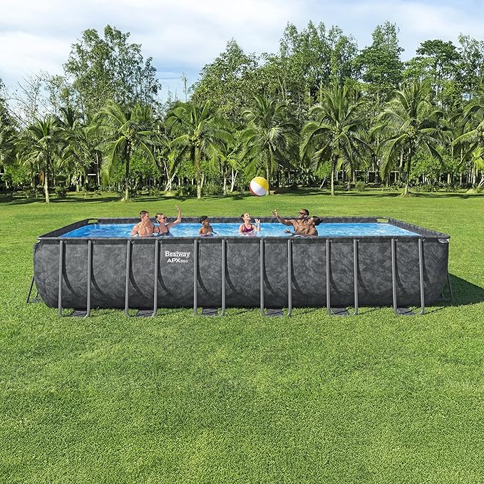Bestway APX 365 24' x 12' x 52" Rectangular Above Ground Swimming Pool Outdoor Framed Pool, with Sand Filter Pump, Ladder, Cover, and Repair Patch