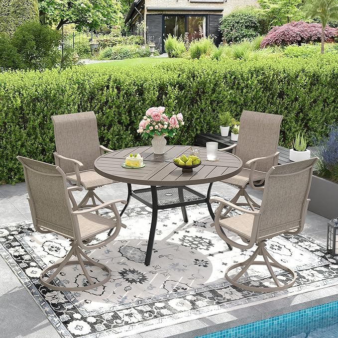 DIFY 5 Pieces Outdoor Patio Dining Set, 4 Sandshell Textilene Swivel Dining Chairs and 40.6" Grey Wood-Like Round Metal Dining Table, Outdoor Table and Chairs