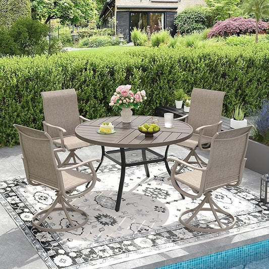 DIFY 5 Pieces Outdoor Patio Dining Set, 4 Sandshell Textilene Swivel Dining Chairs and 40.6" Grey Wood-Like Round Metal Dining Table, Outdoor Table and Chairs