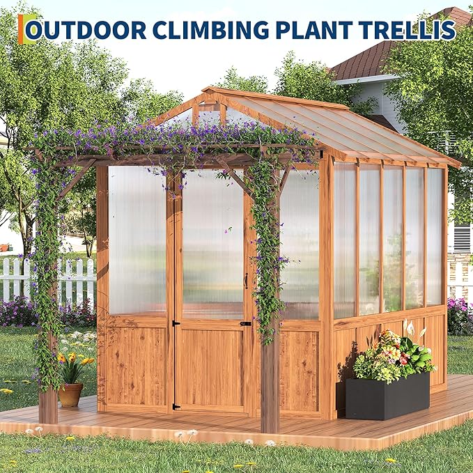 8x13FT Greenhouse Kit with Pergola, Wooden Greenhouse with Cedar Frame, Outdoor Wood Greenhouses with Roof Vent, Wood and Polycarbonate Walk-in Greenhouses
