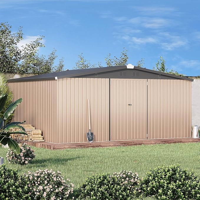 U-MAX 10' x 12' Shed Outdoor Storage Shed Clearance, Large Metal Garden Shed Yard Steel Shed with Design of Lockable Doors, Tool and Utility Storage for Backyard, Garden, Patio, Outside use Taupe