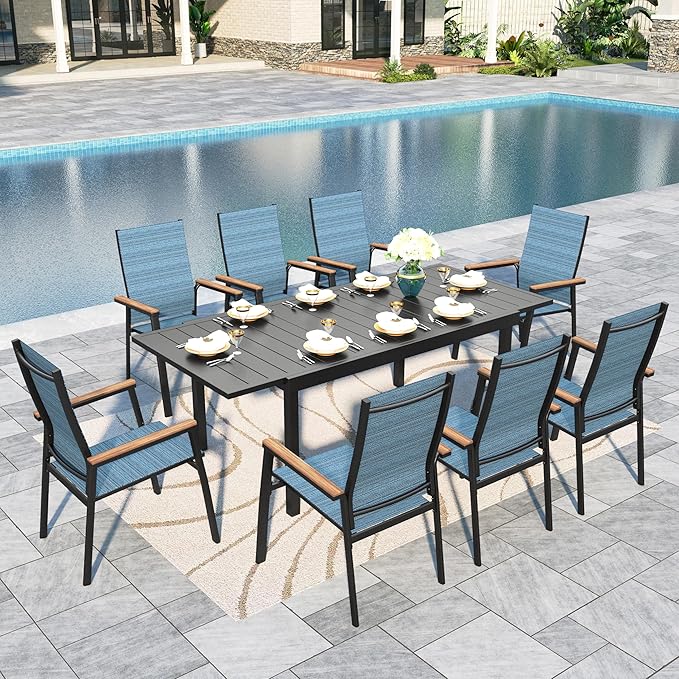 Sophia & William Patio Dining Set 9 Pieces, 8 Aluminium Patio Dining Chairs with 1 Extendable Dining Table for 6-8 Person, Patio Table and Chairs for Outdoor Lawn (Blue)
