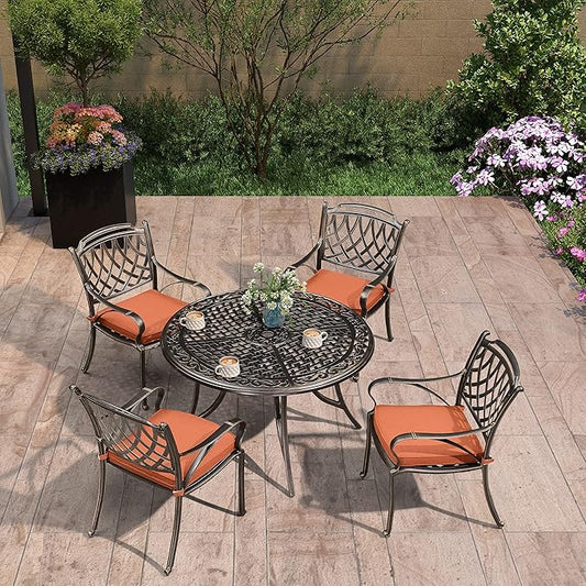 PURPLE LEAF Patio Dining Set Cast Aluminum 5-Piece Patio Furniture Set with 4 Dining Armchairs and 47" Round Table, 4 Cushions Included, for Lawn Yard Garden, Rhombic Brick Red Outdoor Dining Set