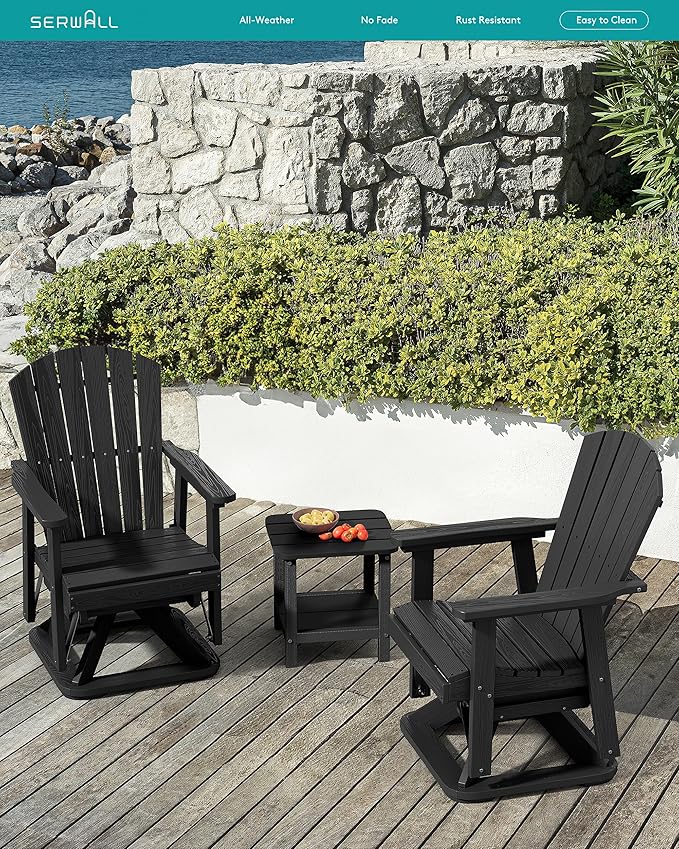 SERWALL Adirondack Swivel Glider Chair, HDPE Swivel Glider Set of 2 for Outdoor, All-Weather Glider Chair for Porch, Balcony, Midnight Black