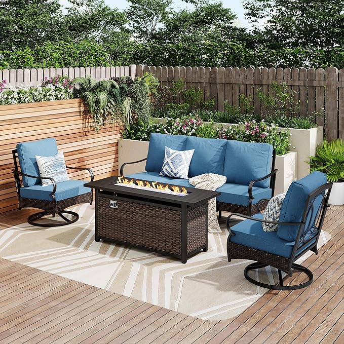 Patio Furniture Set with 56" Fire Pit Table, Premium Outdoor Wicker Metal Frame Furniture with Upgraded Waterproof Thick Cushions for Porch, Poolside, Deck, and Yard（4 Pieces,Navy