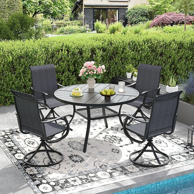 DIFY 5 Pieces Outdoor Patio Dining Set, 4 Dark Grey Textilene Swivel Dining Chairs and 40.6" Black Round Metal Dining Table, Outdoor Table and Chairs