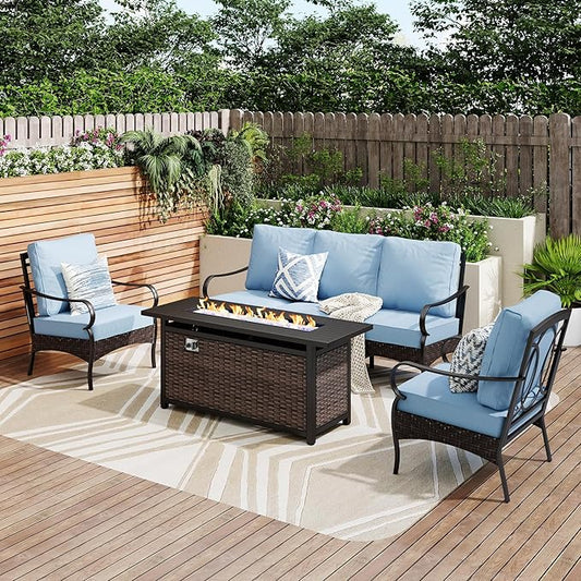 Patio Furniture Set with 56" Fire Pit Table, Premium Outdoor Wicker Metal Frame Furniture with Upgraded Waterproof Thick Cushions for Porch, Poolside, Deck, and Yard （4 Pieces,Blue）