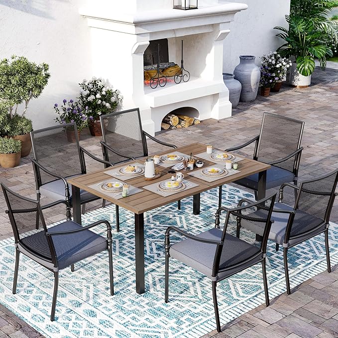 Patio Table and Chairs Set of 6, All-Weather Breathable Metal Mesh Patio Chair with Gourd-Shaped Armrests, 60x38 Wood-Like Table with Umbrella Hole, 7 Pcs Metal Frame Patio Dining Set