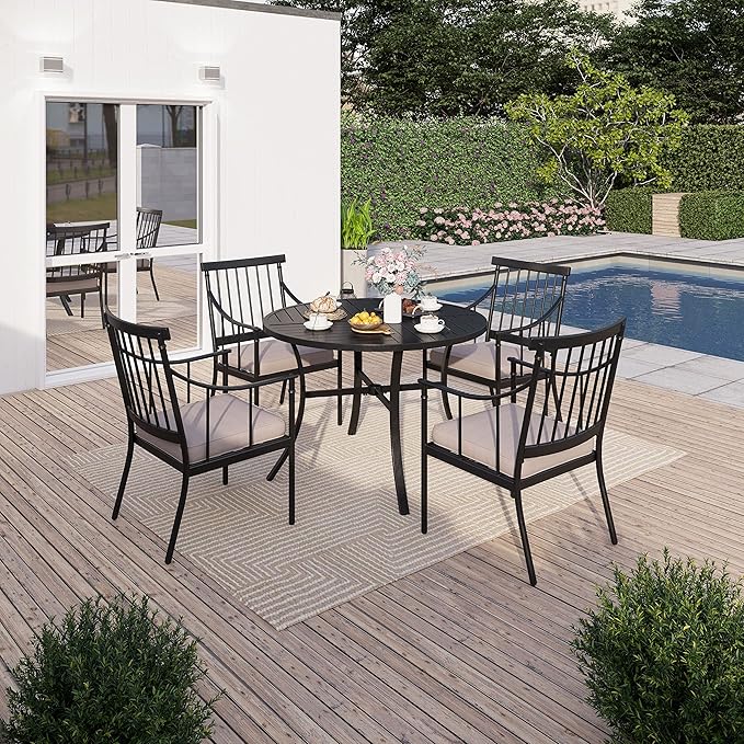 Sophia & William 5 Pieces Patio Dining Set with 4 Metal Armchairs and Round Dining Table, Outdoor Conversation Armchairs Furniture with Seat Cushions and 1.57" Umbrella Hole for Porch Backyard Balcony