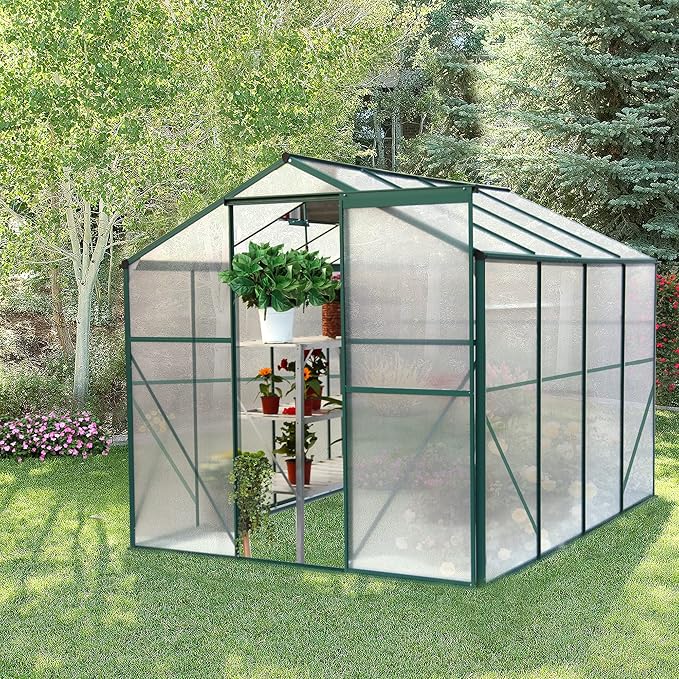 8x6 FT Greenhouses for Outdoors, Outside Heavy Duty Walk in Green House for Garden Plants, UV Protection Adjustable Roof Vent, Thermostatic Waterproof and Insect Resistant, Green
