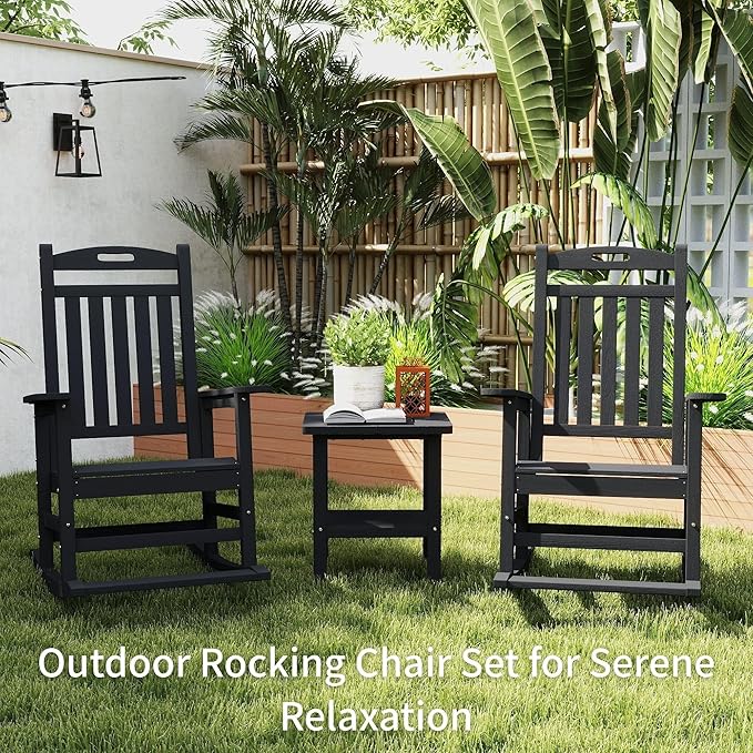 Kingdura Outdoor Rocking Chairs Set of 2, HDPE Plastic Patio Rocking Chair All-Weather Oversized Porch Rocker with High Back for Patio Outside Backyard Balcony (Black)