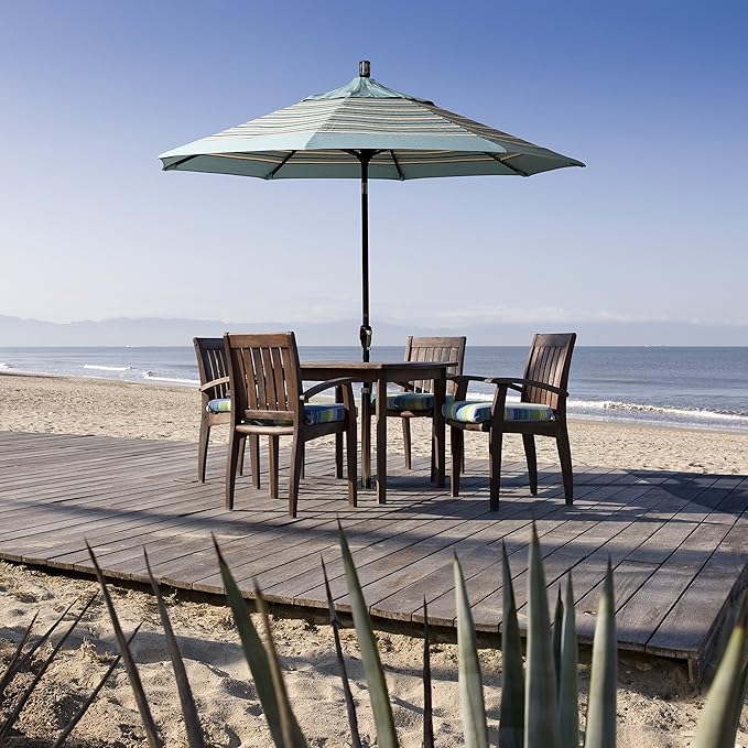 California Umbrella 9' Round Aluminum Market Umbrella, Crank Lift, Push Button Tilt, Black Pole, Sunbrella Pacific Blue