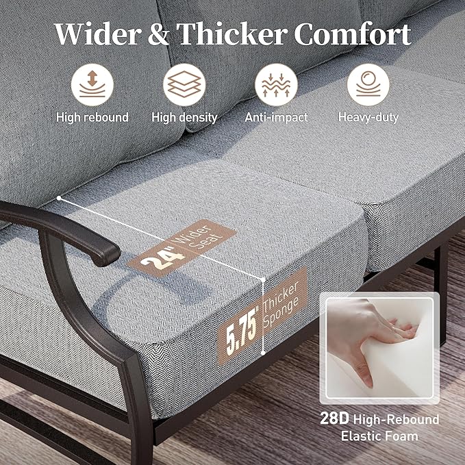 6 Piece Metal Outdoor Patio Furniture Set, Patio Conversation Sets 1 3-Seater Sofa, 4 Fixed Chairs with 5.75" Thick Cushion and Coffee Table, Backyard Furniture Set for Deck, Gray