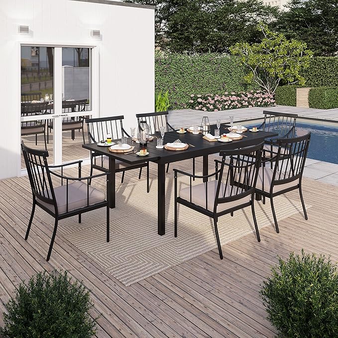 Sophia & William 7 Pieces Patio Dining Set with 6 Metal Chairs and Expandable Rectangular Dining Table for 6-8 People, Outdoor Conversation Furniture Set with Seat Cushions for Porch Yard Deck