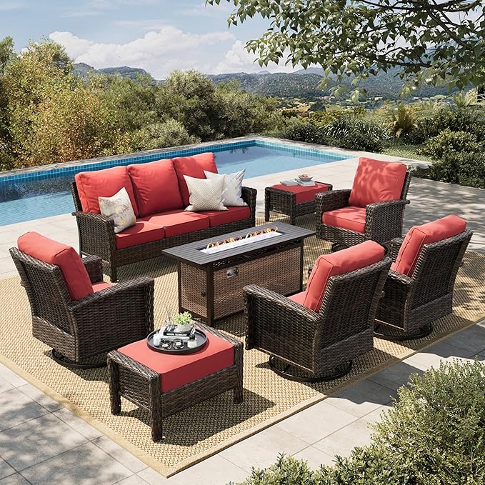 HERA'S HOUSE Red Patio Furniture Set, 8-Piece Outdoor Seating Conversation Sets with High Back Wicker Sofa, 4 x Swivel Chairs with 5.5" Thick Cushions, Fire Pit Table & Ottomans for Deck Yard Garden