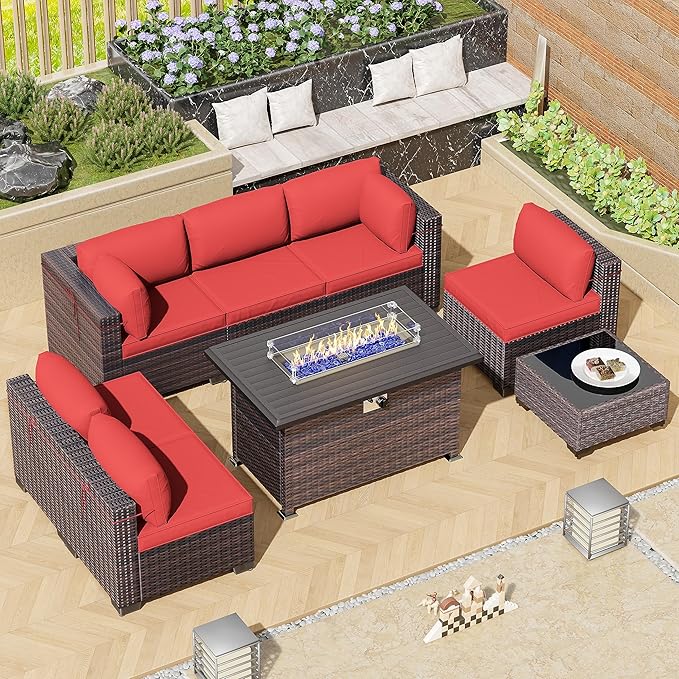 Outdoor Patio Furniture Sets with Propane Fire Pit Table, 8 Pieces Outdoor Furniture Patio Sectional Sofa Conversation Sets w/ETL Approved 43" Gas Outdoor Fire Table & Coffee Table (Red)