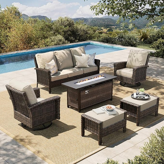 HERA’S HOUSE Wicker Patio Furniture Set, High Back Swivel Chairs with 5.5-Inch Thick Cushions, 6-Piece Outdoor Deep Seating Conversation Sets with Fire Pit Table & Ottomans for Deck Yard Garden, Beige