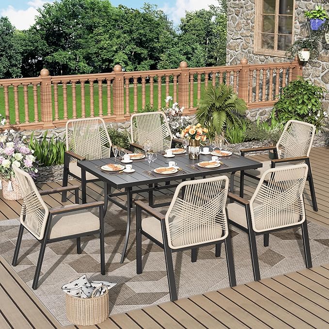 7 Pieces Outdoor Dining Set for 6, Patio Dining Set Wicker Rattan Chairs with Soft Cushion and Metal Rectangular Table, Wicker Patio Table and Chairs for Backyard Porch