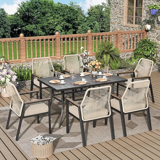 7 Pieces Outdoor Dining Set for 6, Patio Dining Set Wicker Rattan Chairs with Soft Cushion and Metal Rectangular Table, Wicker Patio Table and Chairs for Backyard Porch