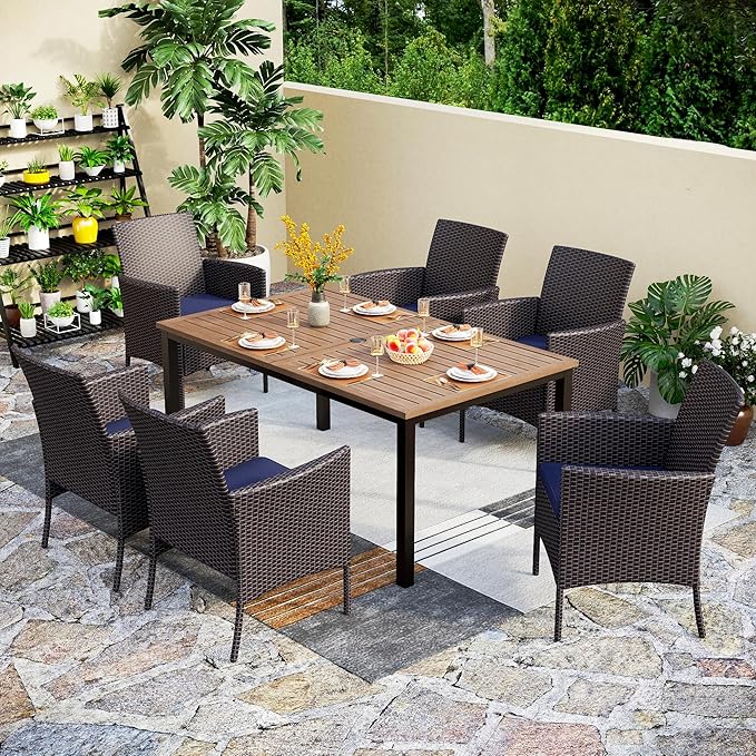 PHI VILLA 7 Pieces Outdoor Dining Set for 6, 65” Wood-Like Metal Steel Dining Table & Rattan Wicker Chairs with Cushions, Large Dining Furniture Set for Patio, Deck, Yard, Porch